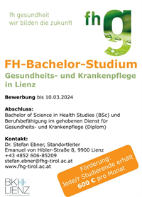 Plakat FH-Bachelor-Studium Gesundheits- und Krankenpflege in Lienz